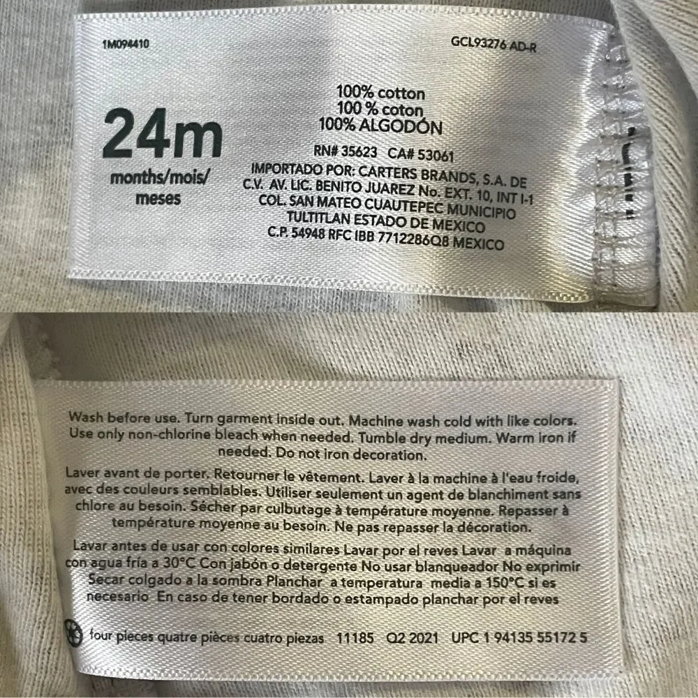 Carters 24M Bodysuits 2-Pack 100% Cotton Long Sleeve Girls Boys Snap Close Gray